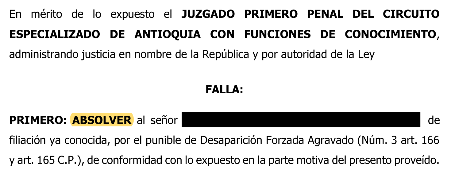 Parte resolutiva: Desaparición forzada agravada. Datos de identificación ocultos y absolución resaltada.