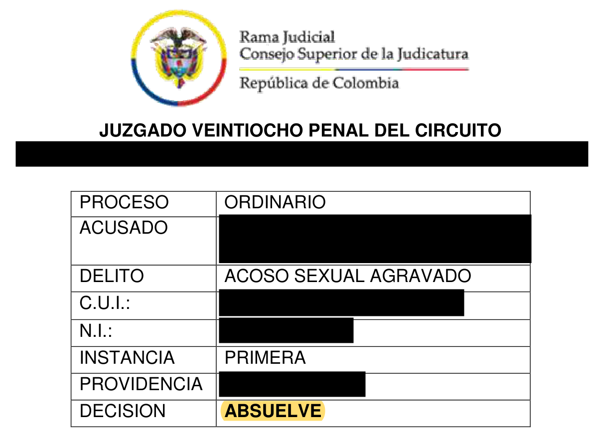 Carátula de la sentencia: Acoso sexual agravado. Datos de identificación ocultos y absolución resaltada.